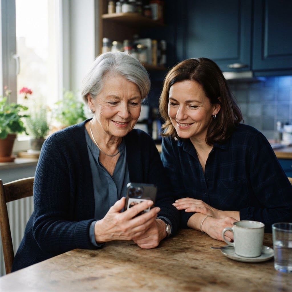 Eine ältere Frau und ihre Tochter schauen gemeinsam entspannt auf ein Smartphone
