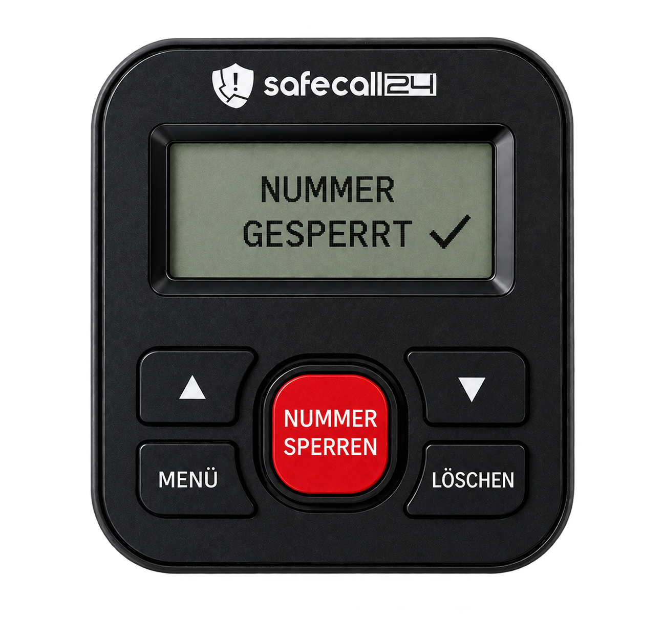 SafeCall24 Anrufblocker – schwarzes Festnetzgerät mit Display, Pfeiltasten, Tasten Menü und Löschen sowie roter Sperrtaste