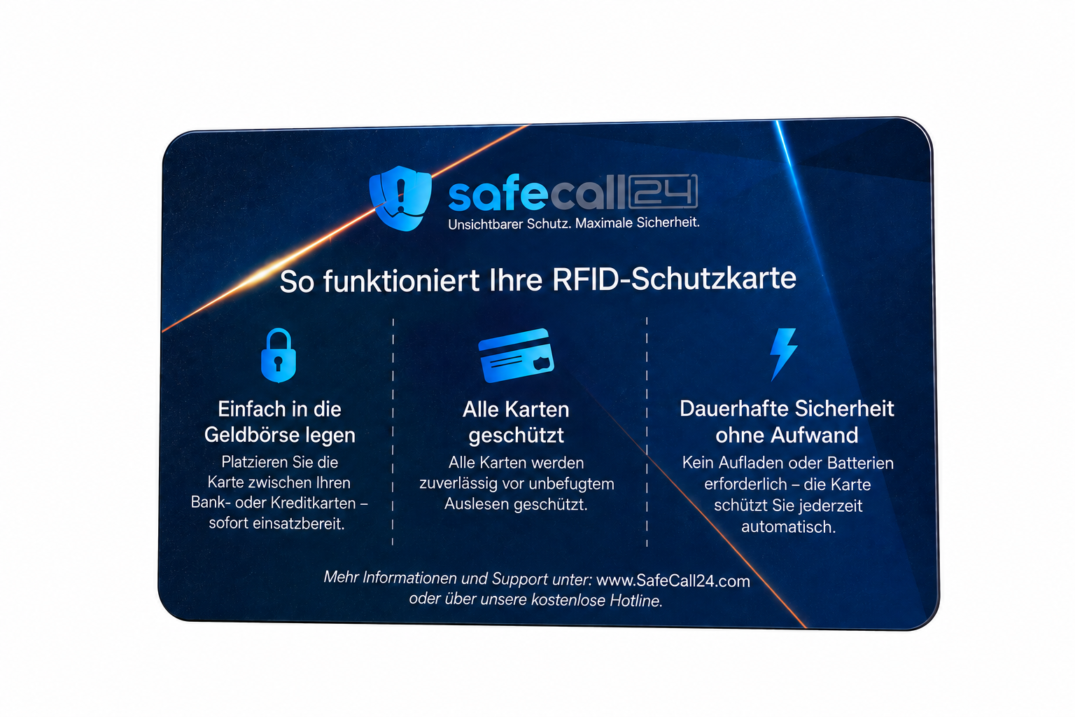 SafeCall24 RFID-Schutzkarte – dunkelblaue Karte mit der Erläuterung „So funktioniert Ihre RFID-Schutzkarte“ in drei Schritten