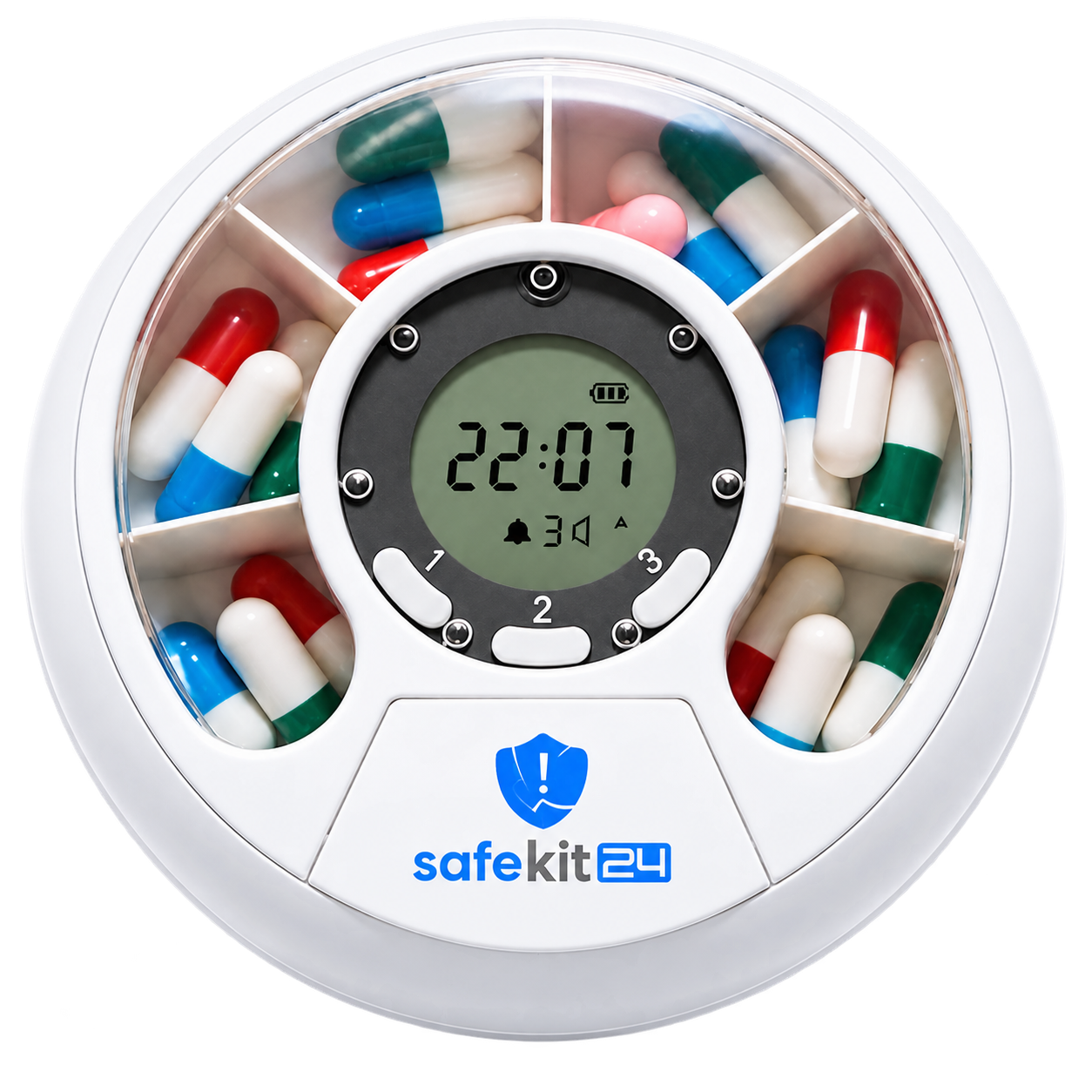SafeKit24 – runder weißer Spender mit Display und mehreren Fächern