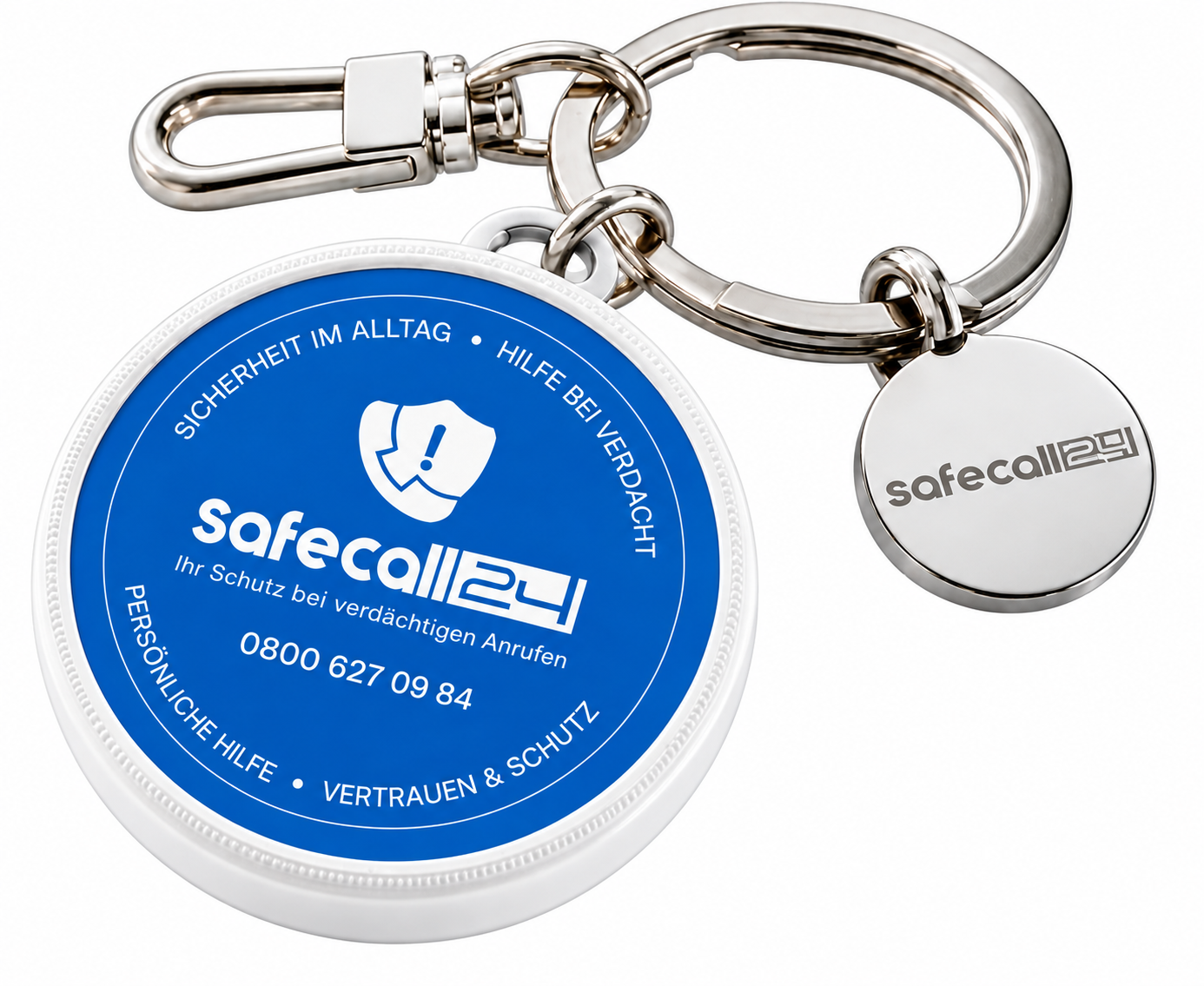 SafeTag24 Schlüsselanhänger – runder blau-weißer Anhänger mit safecall24-Logo und Metall-Plakette am Schlüsselring