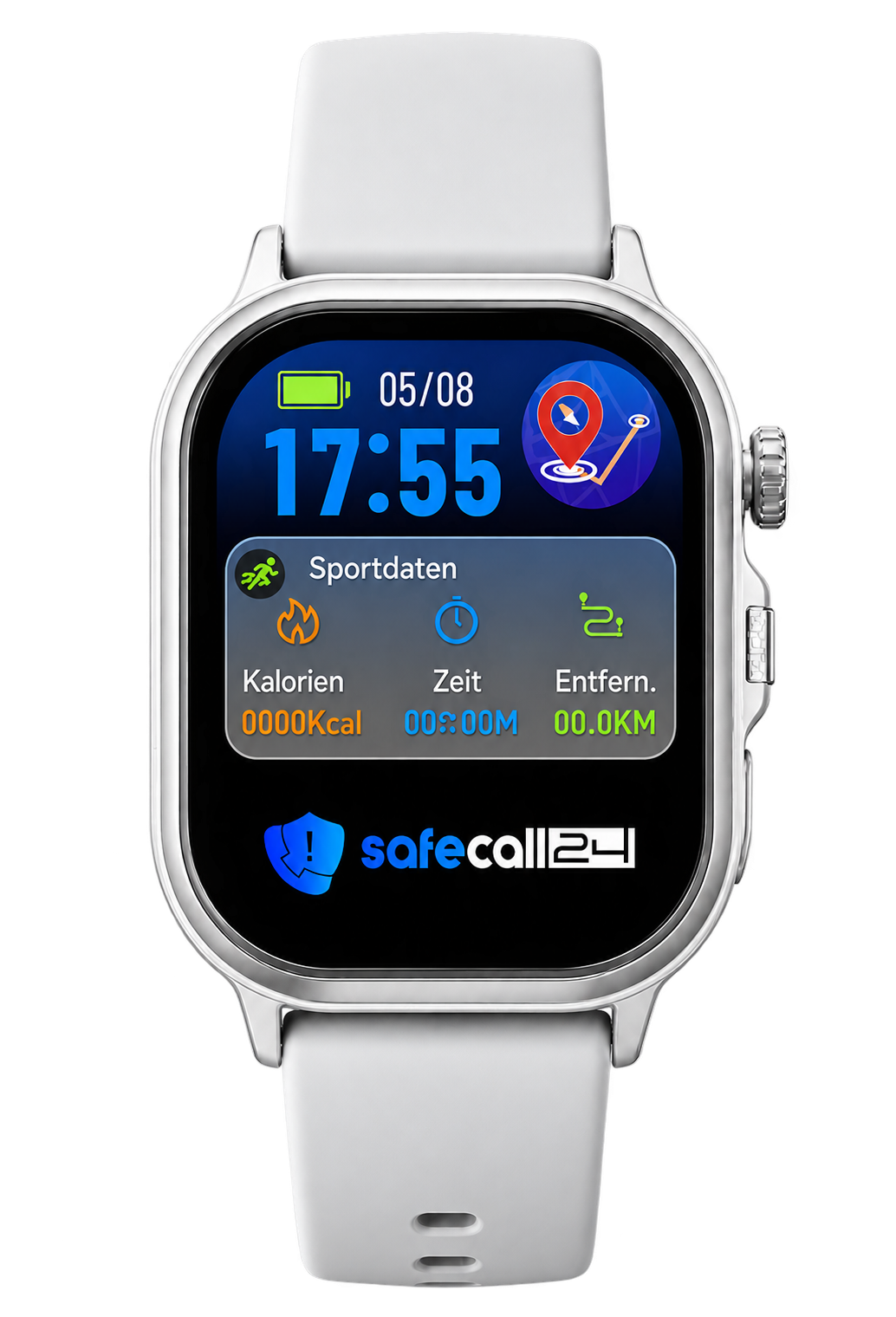 SafeWatch24 – silber-weiße Smartwatch mit großem, gut lesbarem Display und weißem Armband