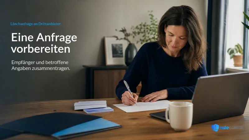 Löschanfrage an Drittanbieter: Eine Anfrage vorbereiten. Empfänger und betroffene Angaben zusammentragen.