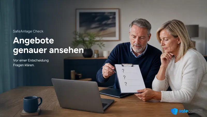 SafeAnlage Check: Angebote genauer ansehen. Vor einer Entscheidung Fragen klären.