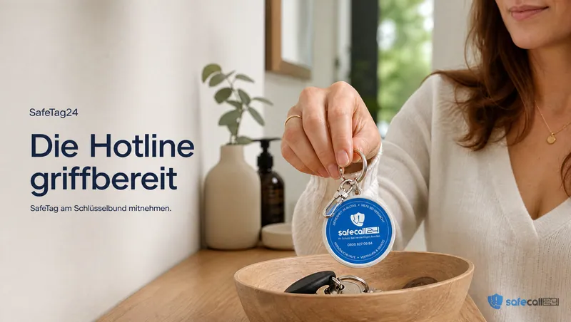 SafeTag24: Die Hotline griffbereit. SafeTag am Schlüsselbund mitnehmen.