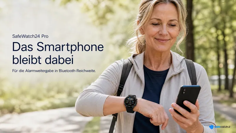 SafeWatch24 Pro: Das Smartphone bleibt dabei. Für die Alarmweitergabe in Bluetooth-Reichweite.