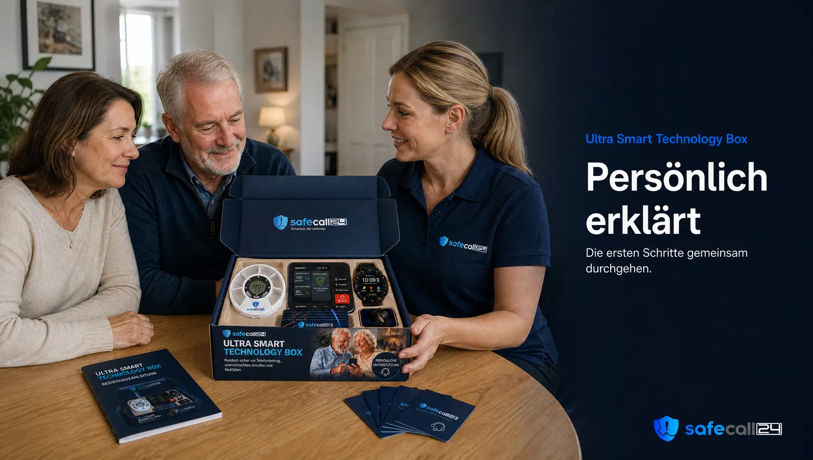 Symbolbild: Die geöffnete Ultra Smart Technology Box auf dem Tisch – in der Einlage liegen die vorgesehenen Geräte, davor die RFID-Schutzkarten und die Bedienungsanleitung.