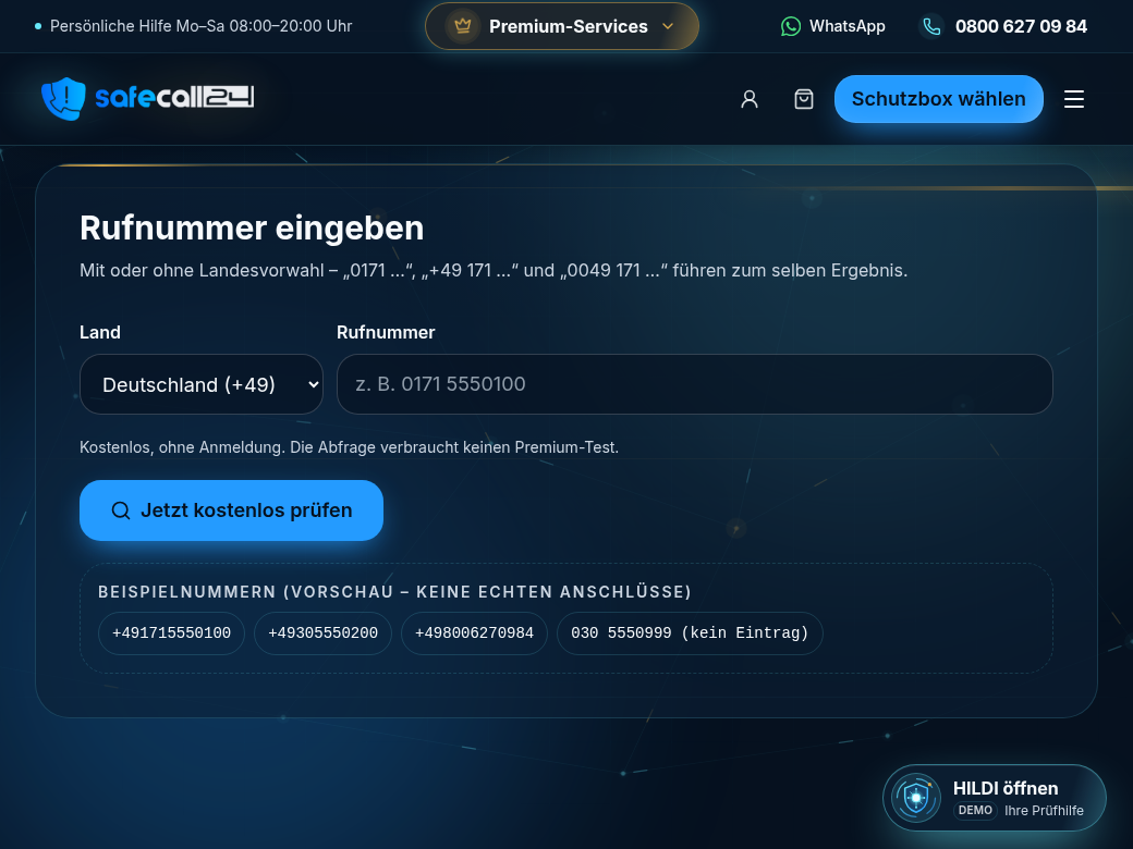 Eingabemaske der kostenlosen Rufnummernabfrage mit Auswahlfeld für das Land, Eingabefeld für die Rufnummer, der Schaltfläche „Jetzt kostenlos prüfen“ und vier Beispielnummern zum Antippen.