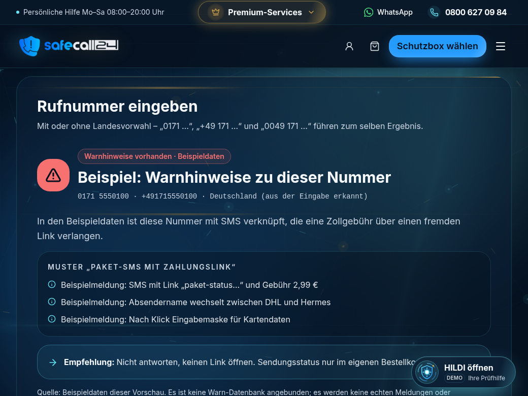 Ergebnisansicht der Rufnummernabfrage: Hinweis „Warnhinweise vorhanden – Beispieldaten“, die geprüfte Nummer, das erkannte Muster „Paket-SMS mit Zahlungslink“ mit drei Beispielmeldungen und eine Empfehlung.