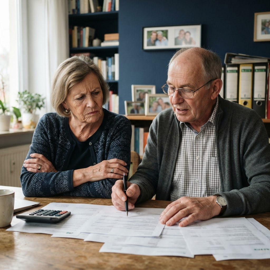 Symbolbild: Rentnerpaar prüft am Schreibtisch gedruckte Unterlagen, er zeigt mit dem Stift, sie schaut mit verschränkten Armen skeptisch