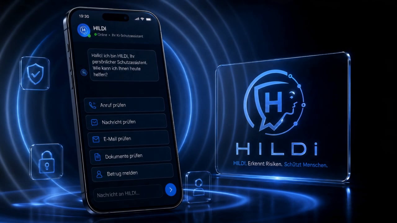 Ein Smartphone mit HILDI Bildschirm neben dem SafeCall24 Logo