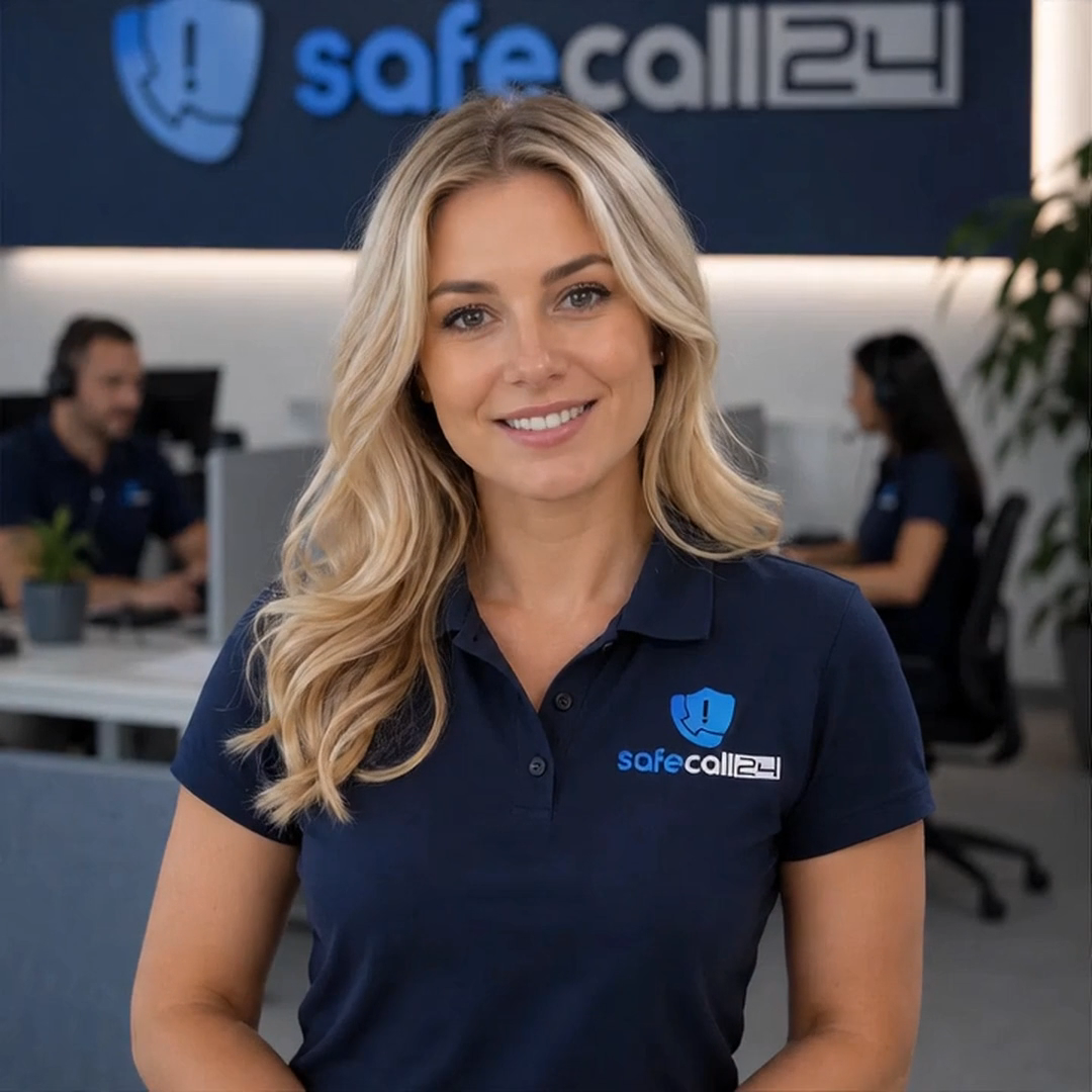 Eine Sprecherin im SafeCall24 Poloshirt vor dem SafeCall24 Logo in einem hellen Büro